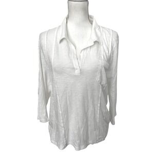 Goldie Polo Tee 3/4 sleeve‎ v neck 100% pima cotton collared shirt white Large